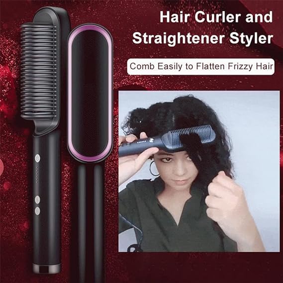 HQT-909B Electric Hair Straightening & Curling Comb/Brush - Dual-Purpose Professional Hair Styler, Non-Damaging Splint, | 2 in 1 Hair Straightener | ( Random Color )