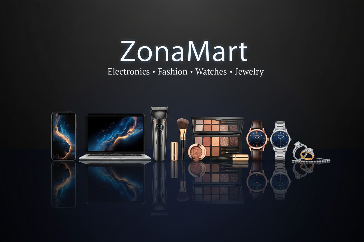 img is good but i want repace cloth with tirmmer and cosmatic and below text of zonaMart i not want show perfsume i want wirte it with eletromi a, fashion and watch and jewlaray